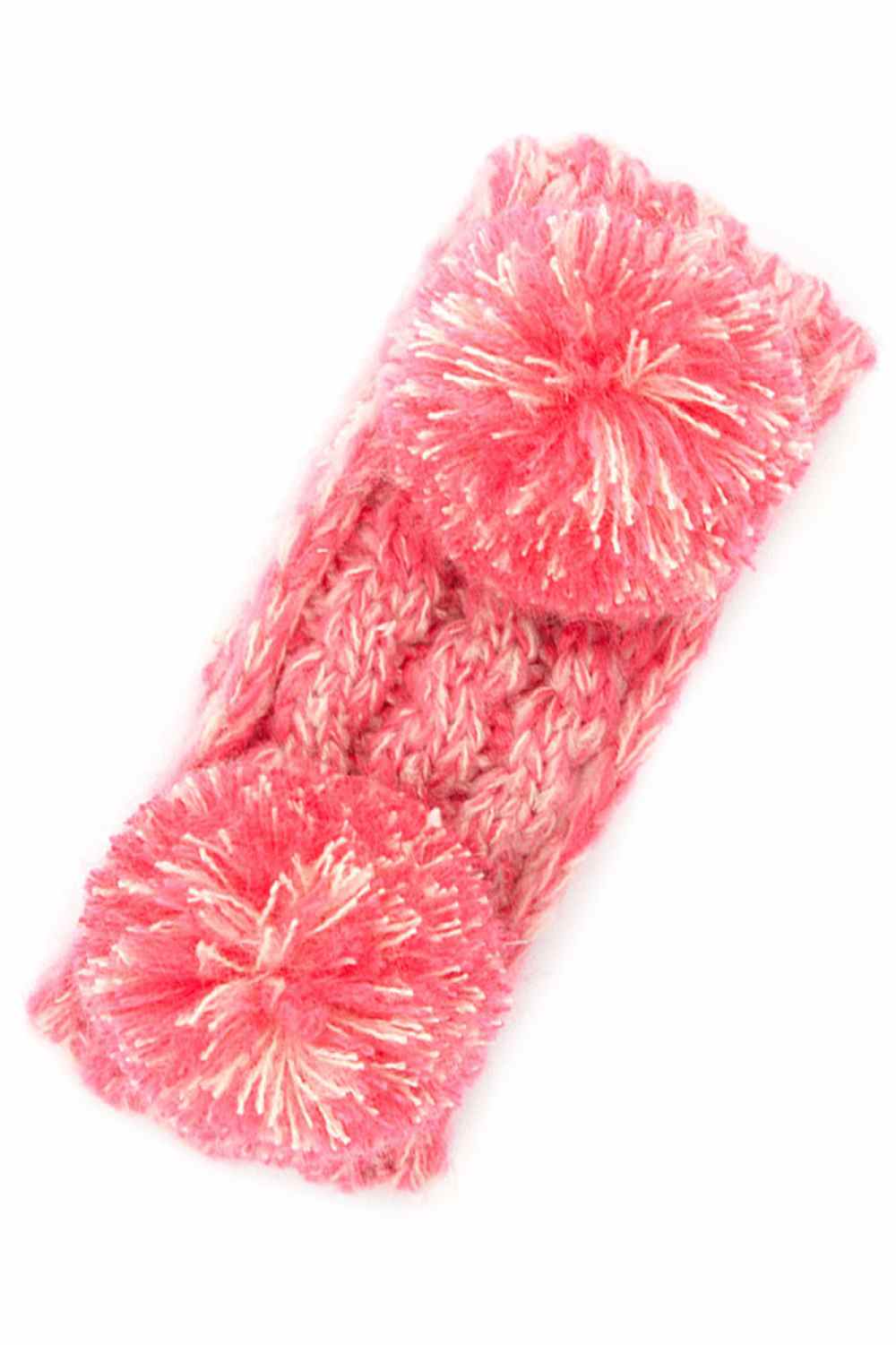 Pink Cozy two-tone kids head wrap featuring a soft fuzzy lining for extra warmth and comfort. Double pom-pom design adds playful style perfect for cold weather. Crafted from 100% acrylic for durability and easy care. One size fits most children. A practical accessory that keeps little ones warm while looking adorable.
