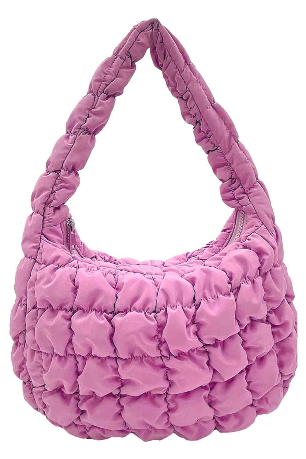 Pink Compact quilted bag crafted from durable 100% polyester with a timeless solid design. Measuring 8.7" x 11.8" x 3.15", it's the perfect size for everyday essentials, travel accessories, or as a versatile organizer. The quilted texture adds visual interest and subtle structure. Ideal for on-the-go convenience with a sleek, minimalist aesthetic that pairs effortlessly with any outfit.
