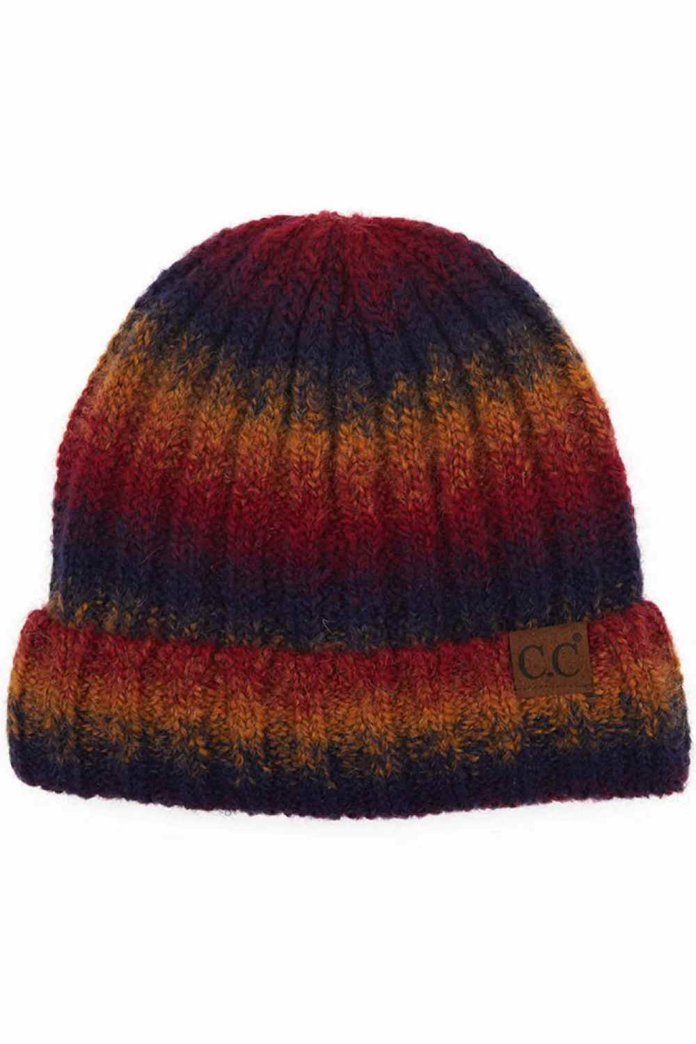 Bugundy Camel Wrap up in warmth with this C.C Ombre Knit Beanie featuring a comfortable cuff design. Crafted from a premium blend of 65% acrylic, 25% nylon, and 10% spandex, this beanie delivers softness and stretch for an ideal fit.