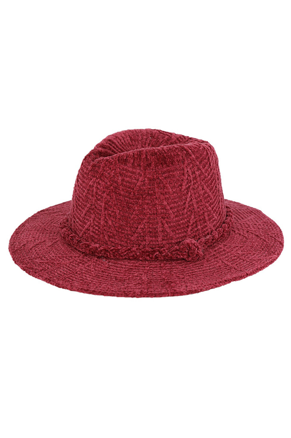 Burgundy Chenille Pattern and Braided Band Winter Fedora combines thermal efficiency with sophisticated design. The textured chenille fabric provides exceptional warmth retention while maintaining breathability. The precision-crafted braided band creates visual interest and structural integrity. Designed with a classic silhouette that complements diverse facial structures, this fedora offers optimal protection against winter elements while elevating your seasonal wardrobe with architectural elegance. 