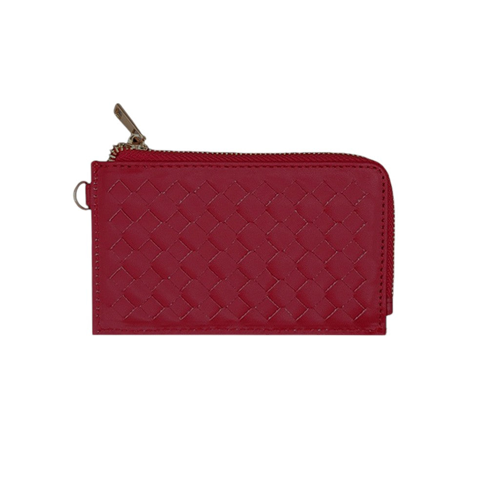 Faux Leather Basket Weave Flat Card Holder Wallet with Wristlet - Burgundy - Wallets