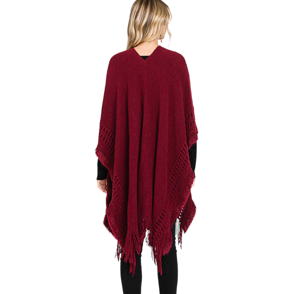 Burgundy Fringe Cut Out Knit Ruana Poncho, with the latest trend in ladies' outfit cover-up! the high-quality knit poncho is soft, comfortable, and warm but lightweight. It's perfect for your daily, casual, party, evening, vacation, and other special events outfits. A fantastic gift for your friends or family.