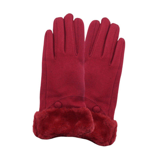 Burgundy-Fuzzy Fur Collar Faux Suede Smart Touch Gloves adds a touch of luxury and the faux suede material provides a soft and comfortable fit. With smart touch technology, you can easily use your touchscreen devices without having to take off your gloves. Perfect for cold weather and tech-savvy individuals. 