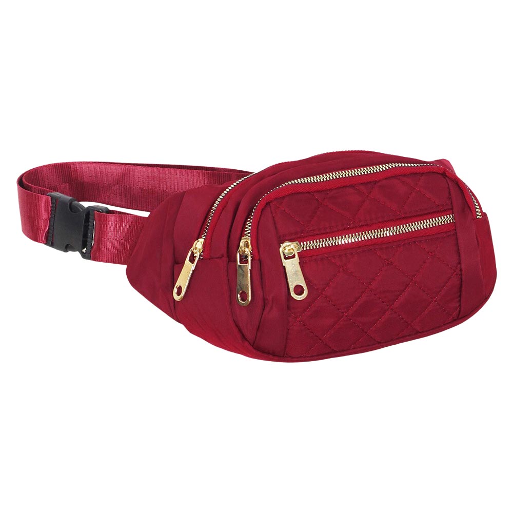 Burgundy Quilted Multi Pocket Sling Bag Fanny Pack Belt Bag, be the ultimate fashionista when carrying this pocket sling bag fanny pack belt bag in style. This fanny pack for women could keep all documents, phones, Travel, Money, Cards, keys, etc. It can be thrown over the shoulder, across the chest around the waist.