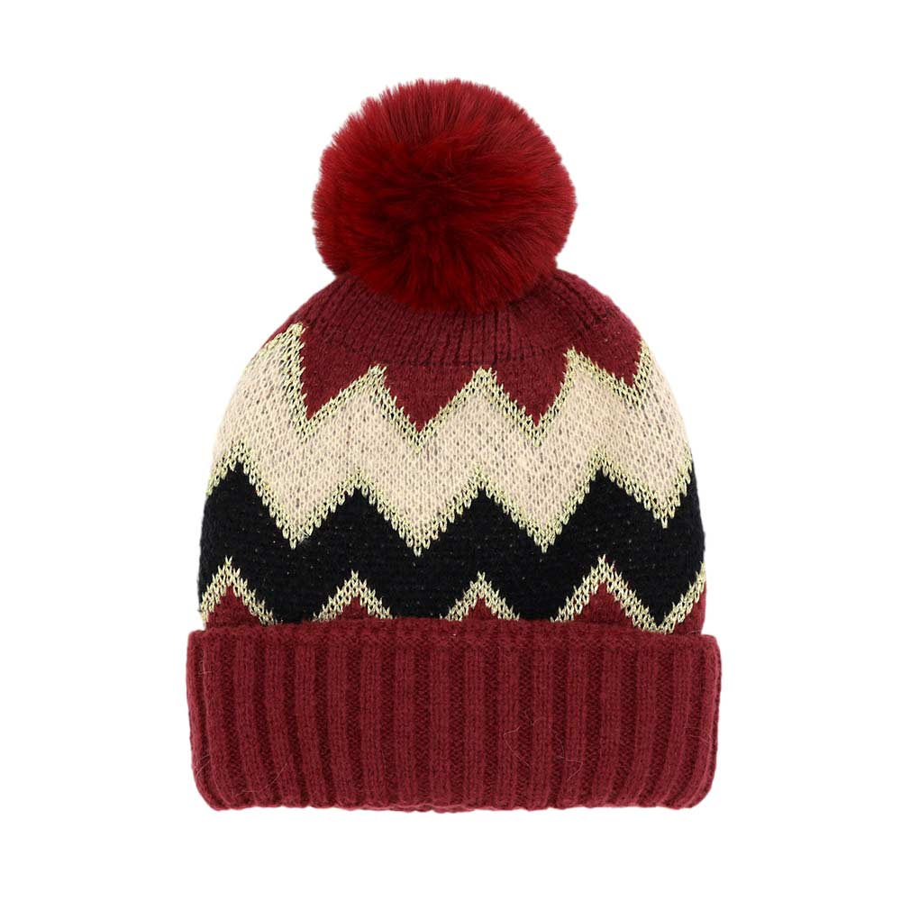 Burgundy Zigzag Chevron Patterned Fuzzy Fleece Pom Pom Beanie Hat, wear this beautiful beanie hat with any ensemble for the perfect finish before running out the door into the cool air. An awesome winter gift accessory and the perfect gift item for Birthdays, Christmas, holidays, anniversaries, Valentine's Day, etc.