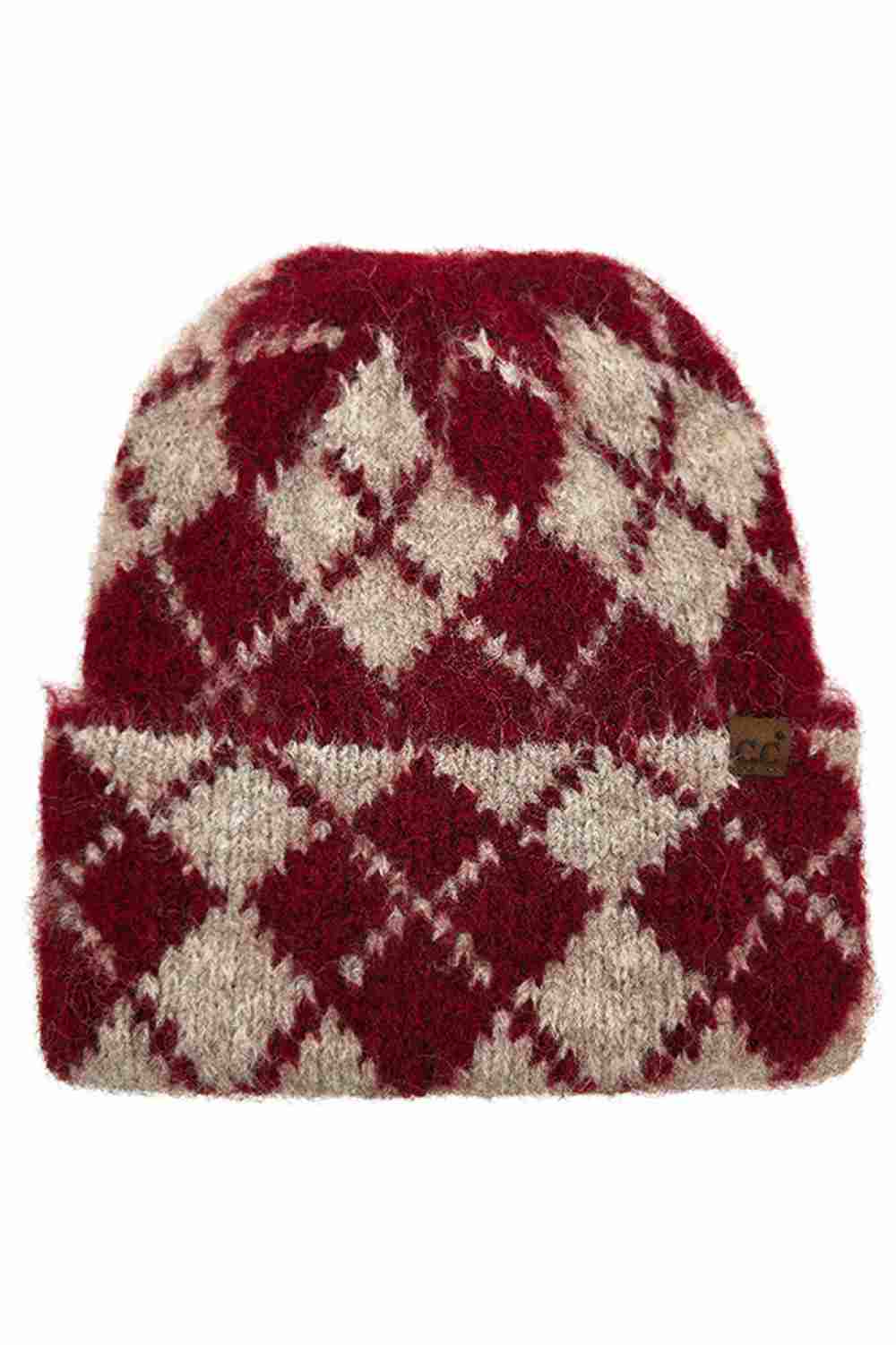 Burgundy C.C Argyle Pattern Cuff Beanie Winter Hat features a classic argyle knit design with a cozy cuff for a timeless cold-weather look. Made with a soft stretch fit, it delivers warm comfort while adding subtle style to your everyday winter outfits.