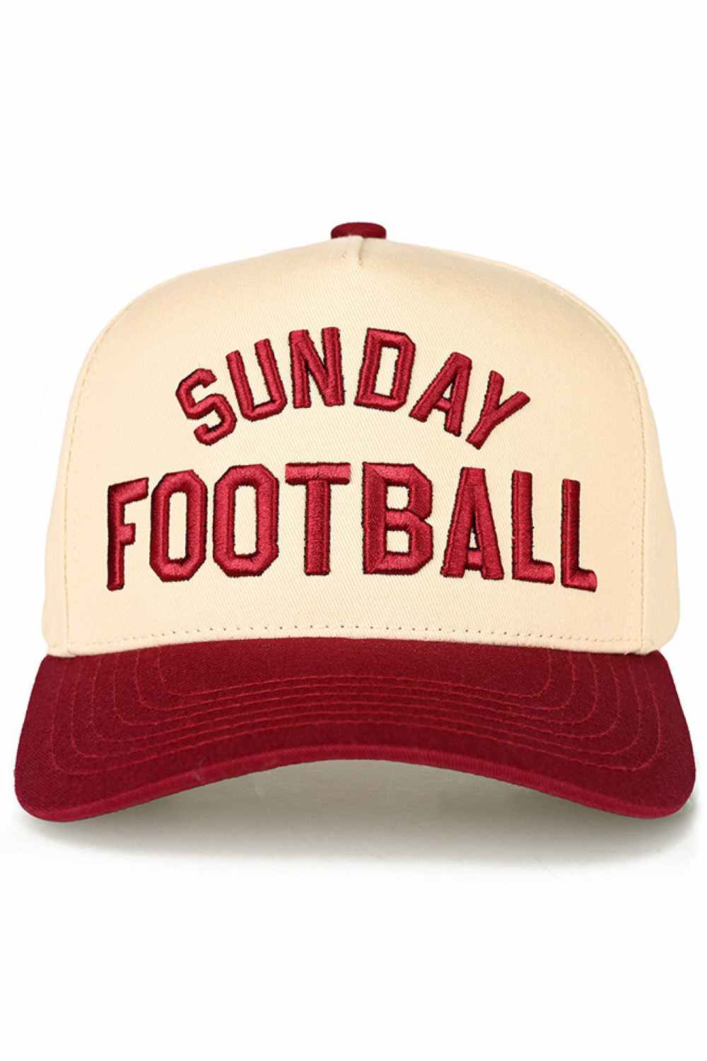 Burgundy C.C SUNDAY FOOTBALL Embroidered Two Tone Baseball Trucker Cap Snapback Celebrate game day in style with this classic trucker cap featuring bold embroidered SUNDAY FOOTBALL branding. The two-tone design combines timeless appeal with modern comfort, perfect for football fans and casual wear alike. Crafted from 100% cotton for breathability and durability. The adjustable snapback closure ensures a comfortable fit for most head sizes, with a circumference of 22.5". Made in Vietnam with quality construc