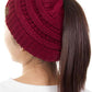 Burgundy The C.C Solid Color Ponytail Messy Bun Beanie combines comfort with versatility for effortless everyday style. Crafted from 100% soft acrylic, this beanie features an open crown design that accommodates ponytails and messy buns while keeping you warm. The one-size-fits-most construction ensures a secure, flattering fit for virtually anyone. Perfect for casual outings, workouts, or relaxed weekends, this practical accessory transitions seamlessly from season to season.