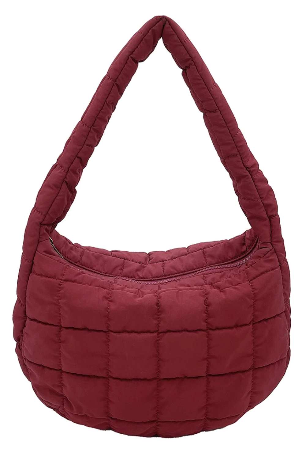 Burgundy Compact quilted bag crafted from durable 100% polyester with a timeless solid design. Measuring 8.7" x 11.8" x 3.15", it's the perfect size for everyday essentials, travel accessories, or as a versatile organizer. The quilted texture adds visual interest and subtle structure. Ideal for on-the-go convenience with a sleek, minimalist aesthetic that pairs effortlessly with any outfit.