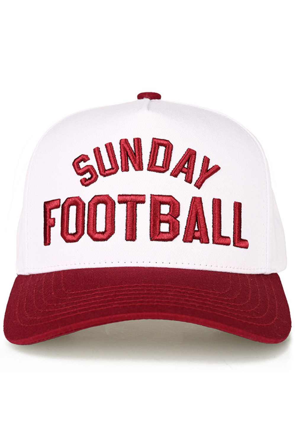 Burgundy White C.C SUNDAY FOOTBALL Embroidered Two Tone Baseball Trucker Cap Snapback Celebrate game day in style with this classic trucker cap featuring bold embroidered SUNDAY FOOTBALL branding. The two-tone design combines timeless appeal with modern comfort, perfect for football fans and casual wear alike. Crafted from 100% cotton for breathability and durability. The adjustable snapback closure ensures a comfortable fit for most head sizes, with a circumference of 22.5". Made in Vietnam with quality c