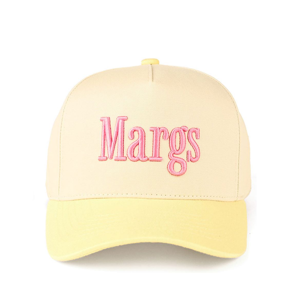 Butter Yellow CC Beanie “MARGS” Lettering Two-Tone Trucker Baseball Snapback Cap features bold embroidered lettering with a stylish two-tone design for a fun, casual look. The classic trucker silhouette with a snapback closure offers breathable comfort and an adjustable fit for everyday wear.