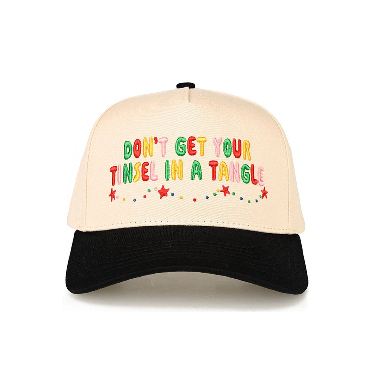 Black The C.C “Don’t Get Your Tinsel in a Tangle” Trucker Cap features a playful holiday slogan with a classic trucker silhouette for a fun, festive look. Designed with a breathable mesh back and adjustable snap closure, it offers lightweight comfort and an easy, customizable fit for everyday wear.