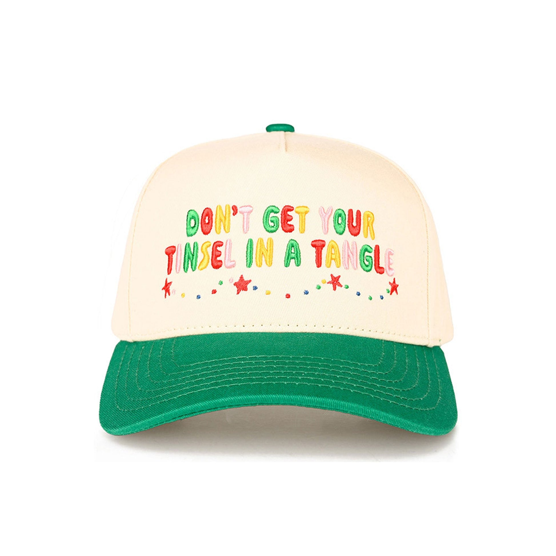 The C.C “Don’t Get Your Tinsel in a Tangle” Trucker Cap features a playful holiday slogan with a classic trucker silhouette for a fun, festive look. Designed with a breathable mesh back and adjustable snap closure, it offers lightweight comfort and an easy, customizable fit for everyday wear.