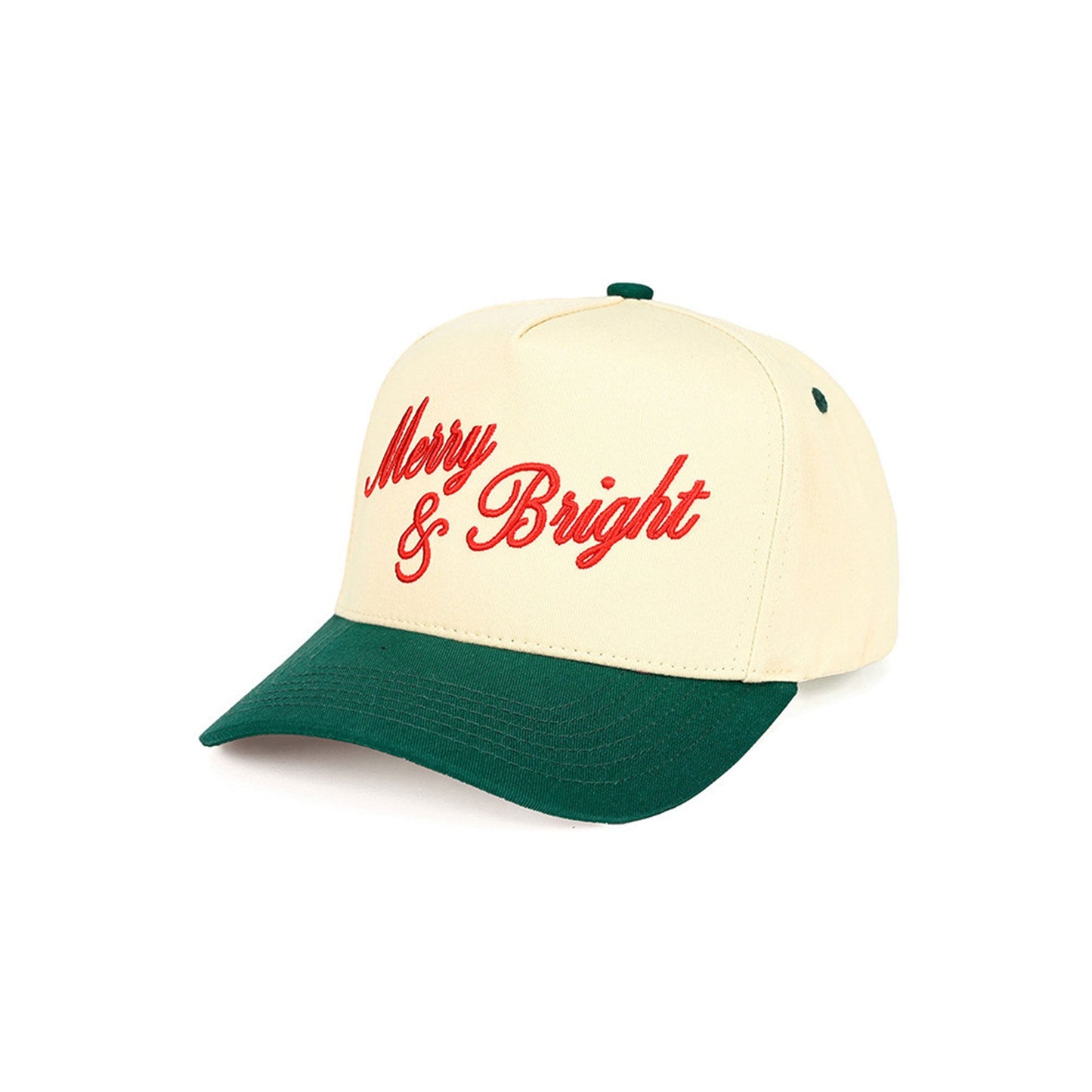 Dark Green The C.C Merry &amp; Bright Letter Two-Tone Trucker Cap features a festive “Merry &amp; Bright” letter design with a stylish two-tone color combination for a cheerful, seasonal look. Designed with a breathable mesh back and adjustable snap closure, it offers lightweight comfort and a customizable fit for everyday wear.