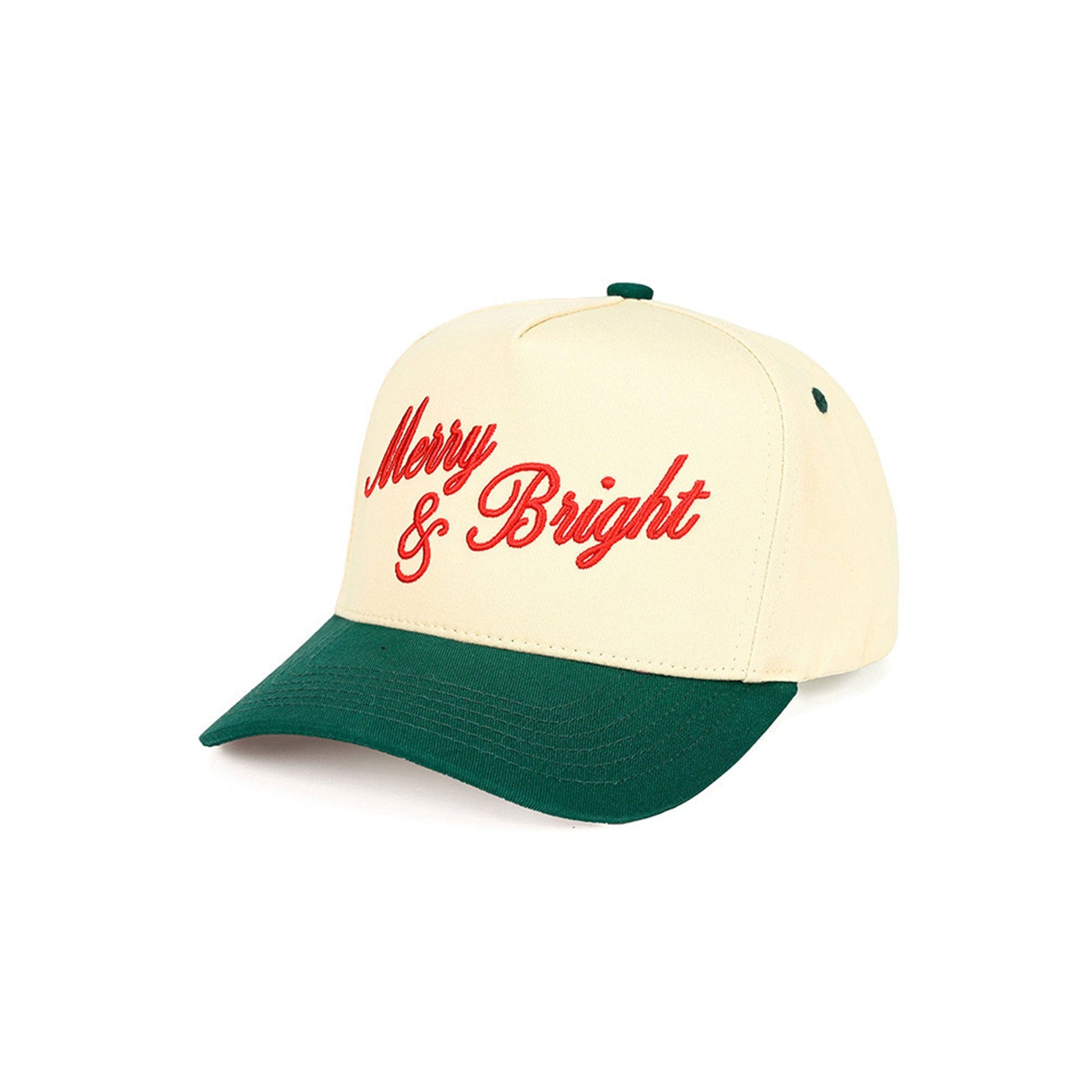 Dark Green The C.C Merry &amp; Bright Letter Two-Tone Trucker Cap features a festive “Merry &amp; Bright” letter design with a stylish two-tone color combination for a cheerful, seasonal look. Designed with a breathable mesh back and adjustable snap closure, it offers lightweight comfort and a customizable fit for everyday wear.