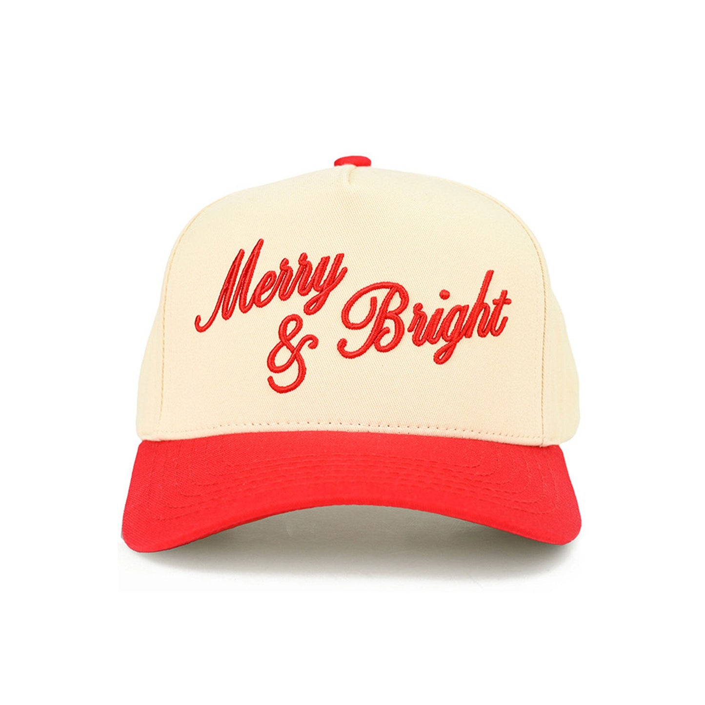 Red Dark Green The C.C Merry &amp; Bright Letter Two-Tone Trucker Cap features a festive “Merry &amp; Bright” letter design with a stylish two-tone color combination for a cheerful, seasonal look. Designed with a breathable mesh back and adjustable snap closure, it offers lightweight comfort and a customizable fit for everyday wear.