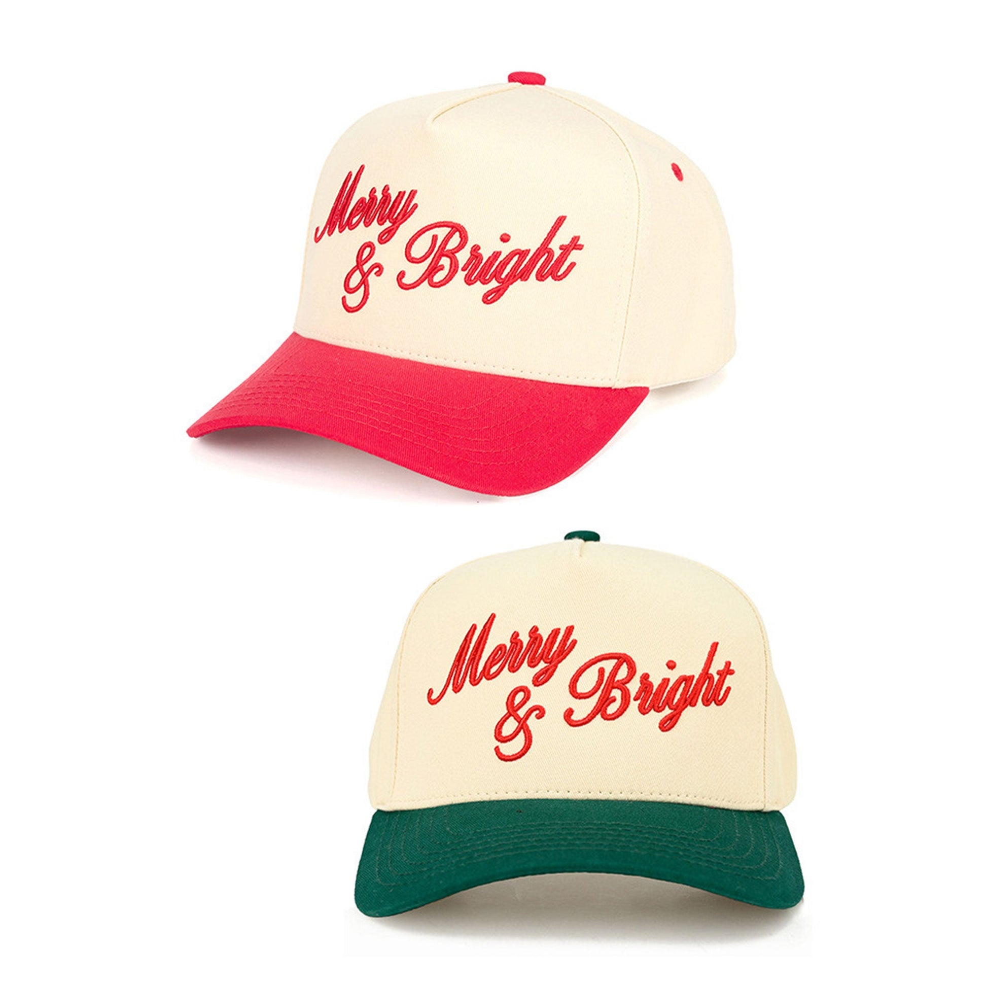 Red Dark Green The C.C Merry &amp; Bright Letter Two-Tone Trucker Cap features a festive “Merry &amp; Bright” letter design with a stylish two-tone color combination for a cheerful, seasonal look. Designed with a breathable mesh back and adjustable snap closure, it offers lightweight comfort and a customizable fit for everyday wear.