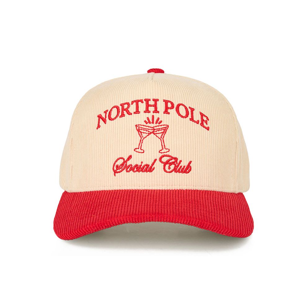 Red The C.C NORTH POLE SOCIAL CLUB Letter Trucker Cap showcases playful embroidered lettering that adds a festive touch to any casual outfit. Designed with a breathable mesh back and adjustable snap closure, it offers all-day comfort and a secure, customizable fit.