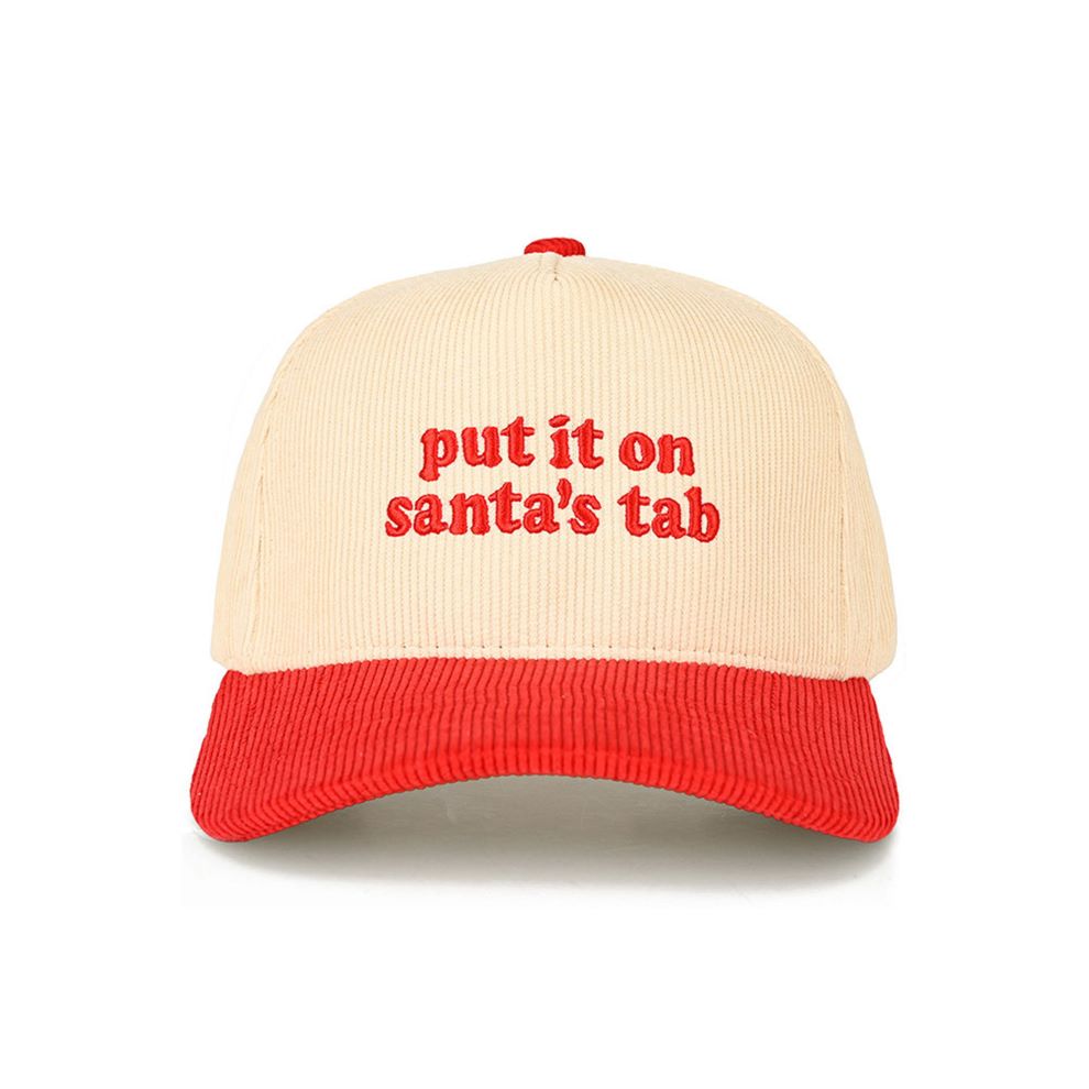 Red The C.C “PUT IT ON SANTA’S TAP” Letter Embroidered Christmas Theme Corduroy Trucker Hat Baseball Cap features playful holiday-themed embroidery on a soft corduroy front for a festive, standout style. Designed with a breathable mesh back and adjustable snap closure, it offers comfortable, lightweight wear and a customizable fit.