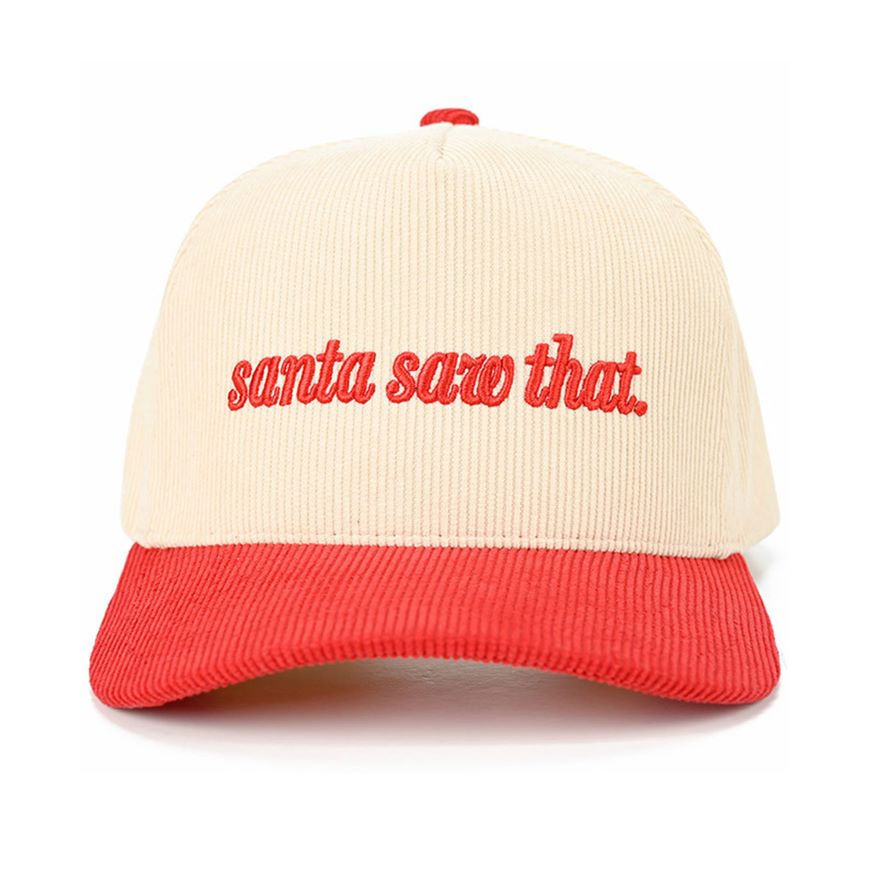 Red The C.C “SANTA SAW THAT” Letter Embroidered Christmas Theme Corduroy Trucker Hat Baseball Cap features playful holiday embroidery on a soft corduroy front for a festive, standout look. Finished with a breathable mesh back and adjustable snap closure, it offers comfortable, lightweight wear with a customizable fit.