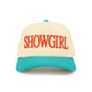 Turquoise The C.C SHOWGIRL Letter Two-Tone Trucker Cap features bold “SHOWGIRL” lettering with a stylish two-tone design for a standout, fashion-forward look. Finished with a breathable mesh back and adjustable snap closure, it offers lightweight comfort and a customizable fit for everyday wear.