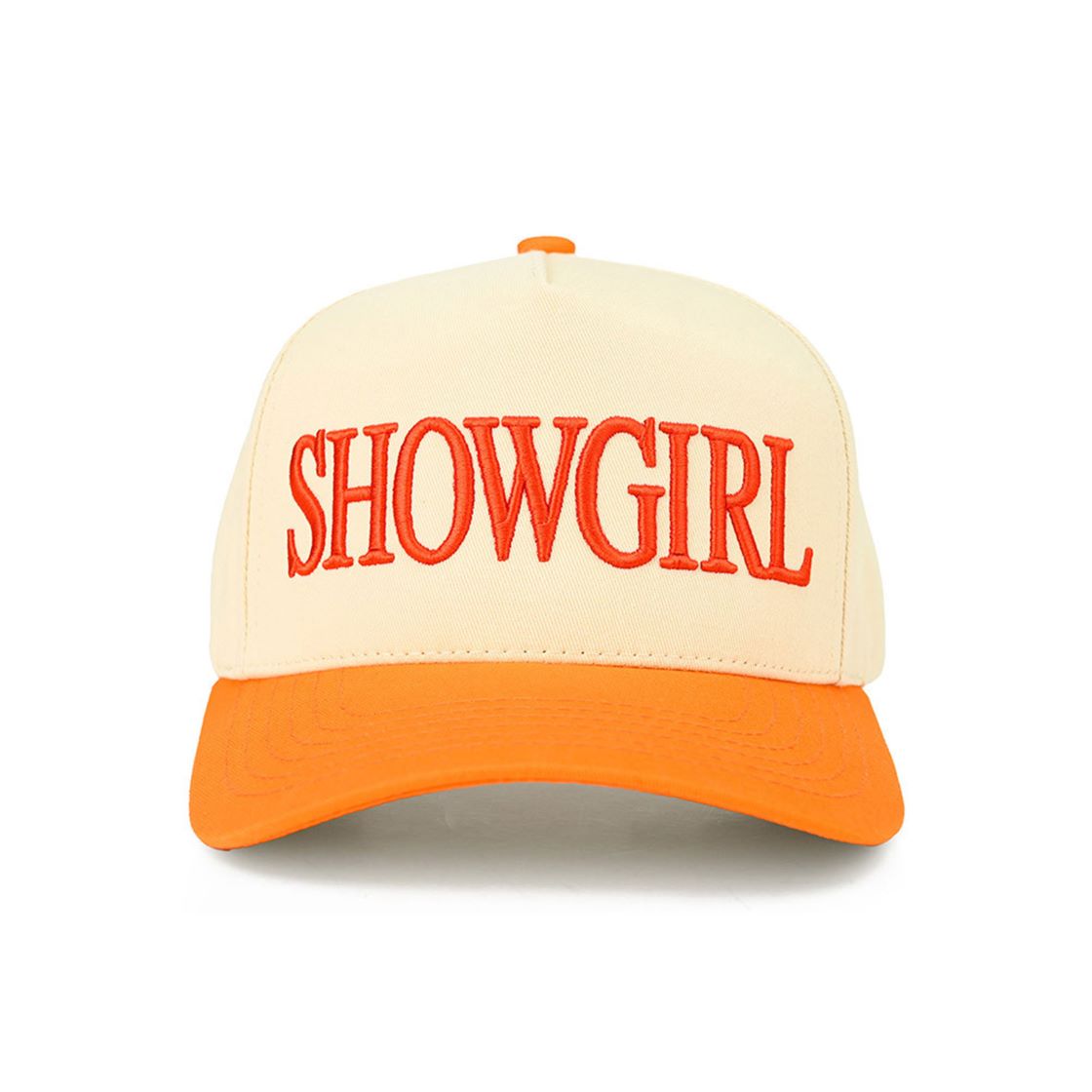 Orange The C.C SHOWGIRL Letter Two-Tone Trucker Cap features bold “SHOWGIRL” lettering with a stylish two-tone design for a standout, fashion-forward look. Finished with a breathable mesh back and adjustable snap closure, it offers lightweight comfort and a customizable fit for everyday wear.
