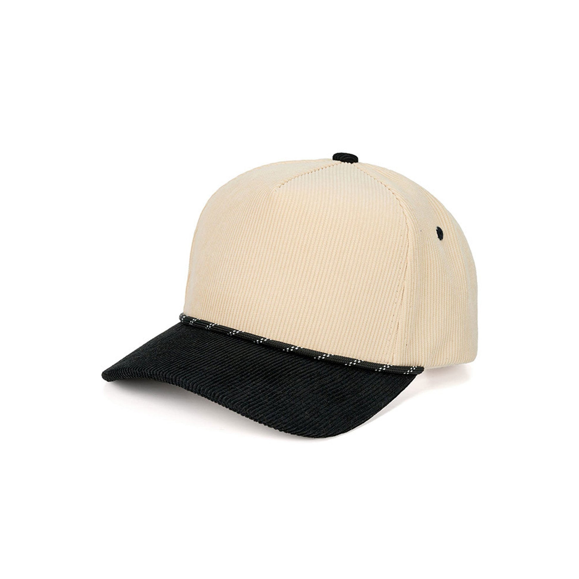 Black The C.C Two-Tone Rope on Two-Tone Corduroy Trucker Hat Baseball Cap showcases a textured corduroy front with a contrasting rope accent for a trendy, retro-inspired style. Finished with a breathable mesh back and adjustable snap closure, it offers lightweight comfort and an easy, customizable fit for everyday wear.