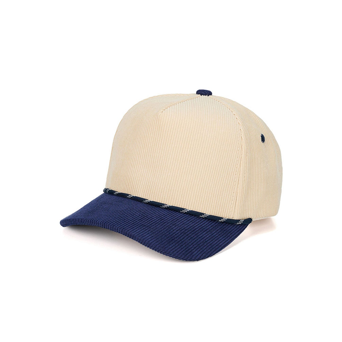 Navy The C.C Two-Tone Rope on Two-Tone Corduroy Trucker Hat Baseball Cap showcases a textured corduroy front with a contrasting rope accent for a trendy, retro-inspired style. Finished with a breathable mesh back and adjustable snap closure, it offers lightweight comfort and an easy, customizable fit for everyday wear.