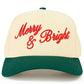 Dark Green The C.C Merry &amp; Bright Letter Two-Tone Trucker Cap features a festive “Merry &amp; Bright” letter design with a stylish two-tone color combination for a cheerful, seasonal look. Designed with a breathable mesh back and adjustable snap closure, it offers lightweight comfort and a customizable fit for everyday wear.