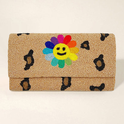 Madeline Love Leopard Smile Flower Accented Leopard Patterned Seed Beaded Clutch / Crossbody Bag - Bags & Wallets