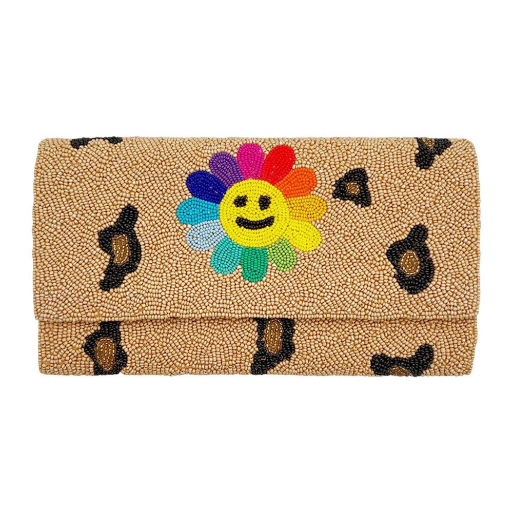 Madeline Love Leopard Smile Flower Accented Leopard Patterned Seed Beaded Clutch / Crossbody Bag - Bags & Wallets - desc