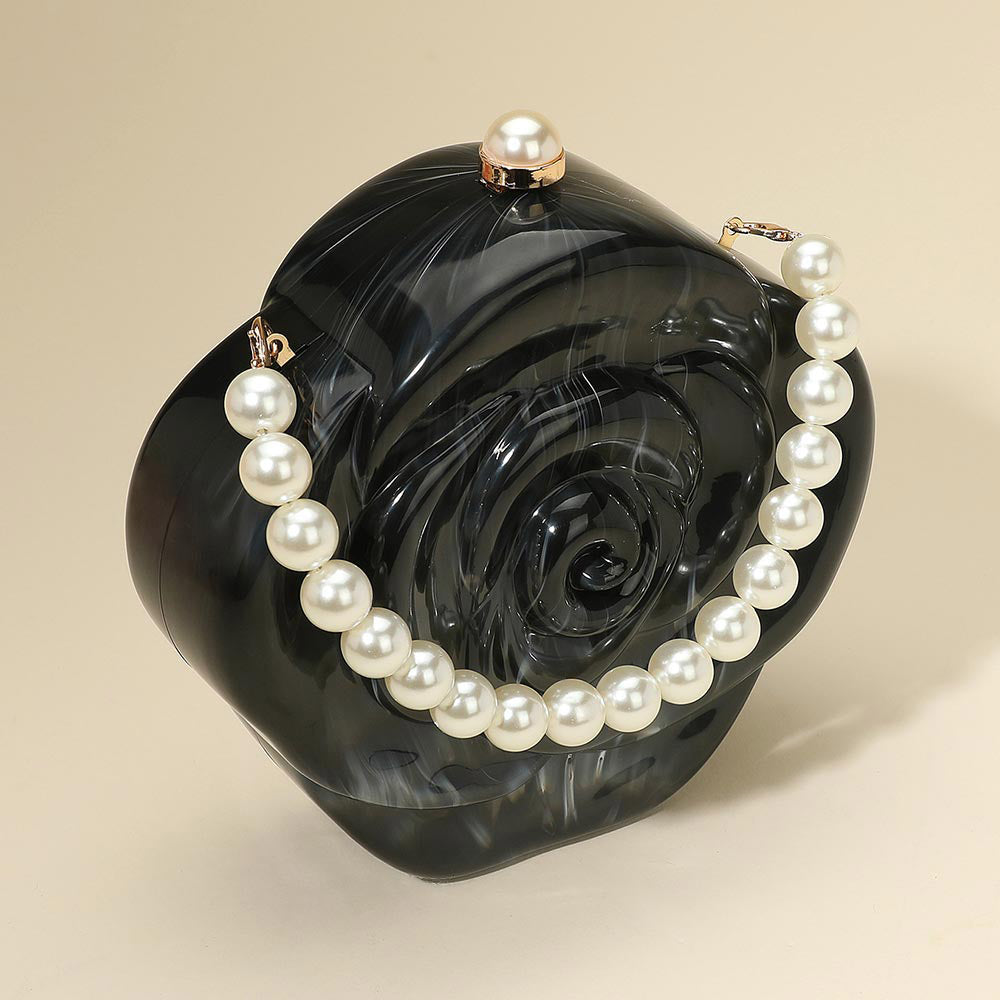 Madeline Love Black Pearl Beaded Handle Rose Clutch Bag Crossbody Bag - Bags & Wallets