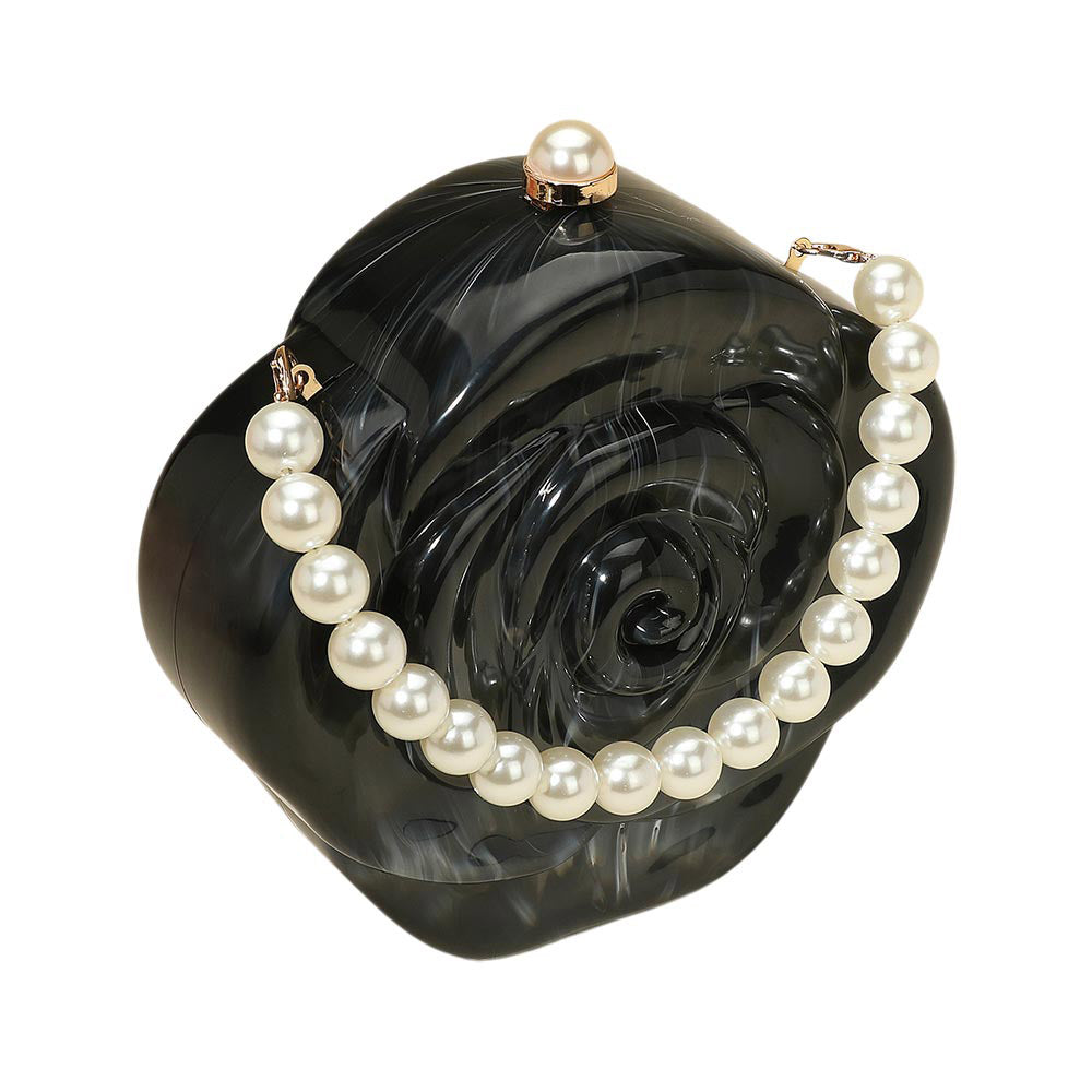 Madeline Love Black Pearl Beaded Handle Rose Clutch Bag Crossbody Bag - Bags & Wallets - desc
