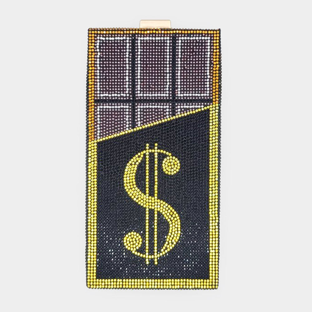 Madeline Love Black Bling Dollar Sign Chocolate Vertical Clutch Bag - Bags & Wallets