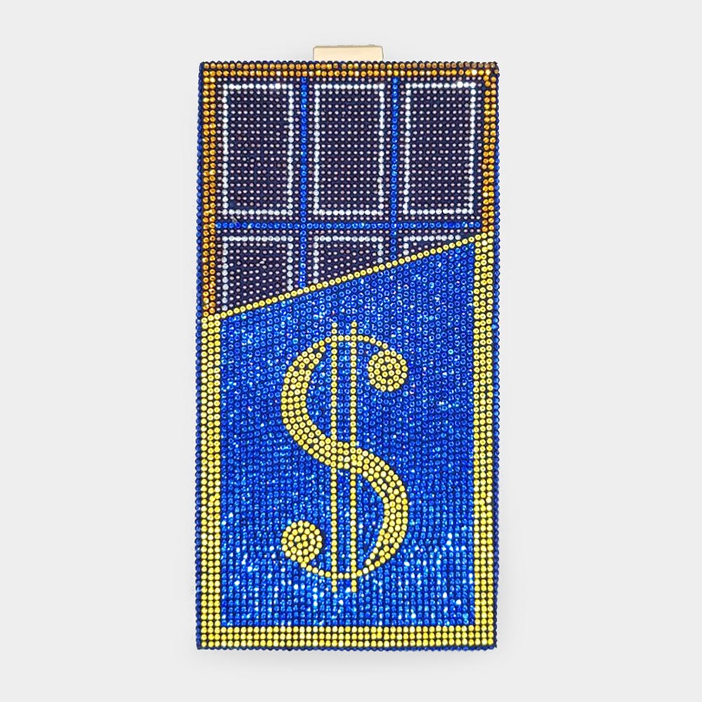 Madeline Love Blue Bling Dollar Sign Chocolate Vertical Clutch Bag - Bags & Wallets