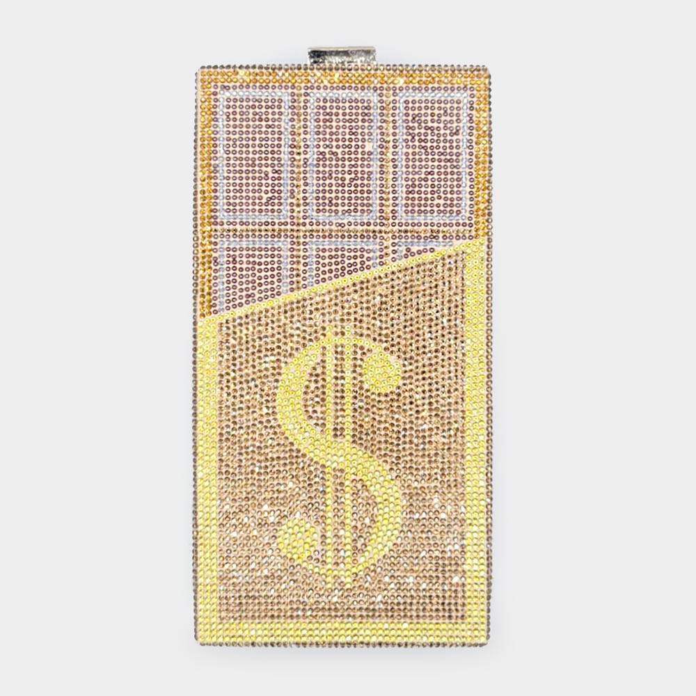 Madeline Love Gold Bling Dollar Sign Chocolate Vertical Clutch Bag - Bags & Wallets