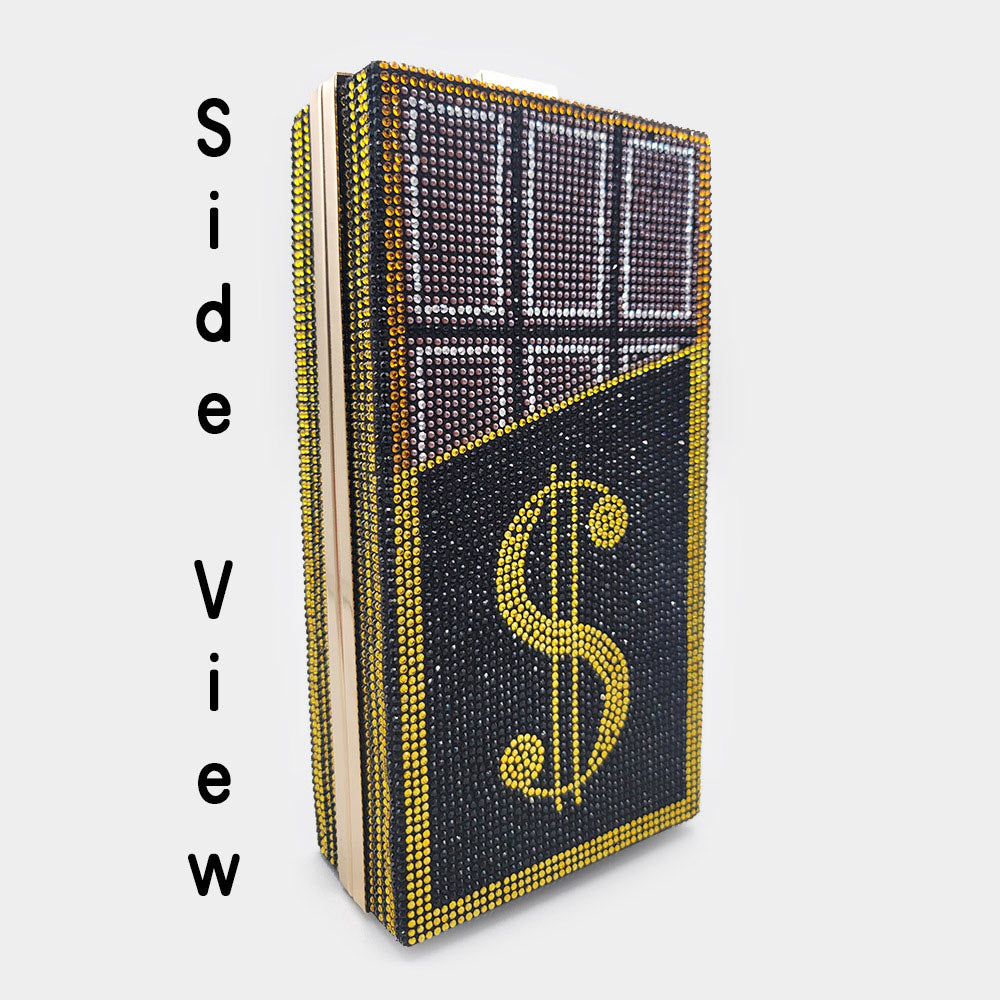 Madeline Love Gold Bling Dollar Sign Chocolate Vertical Clutch Bag - Bags & Wallets - extra