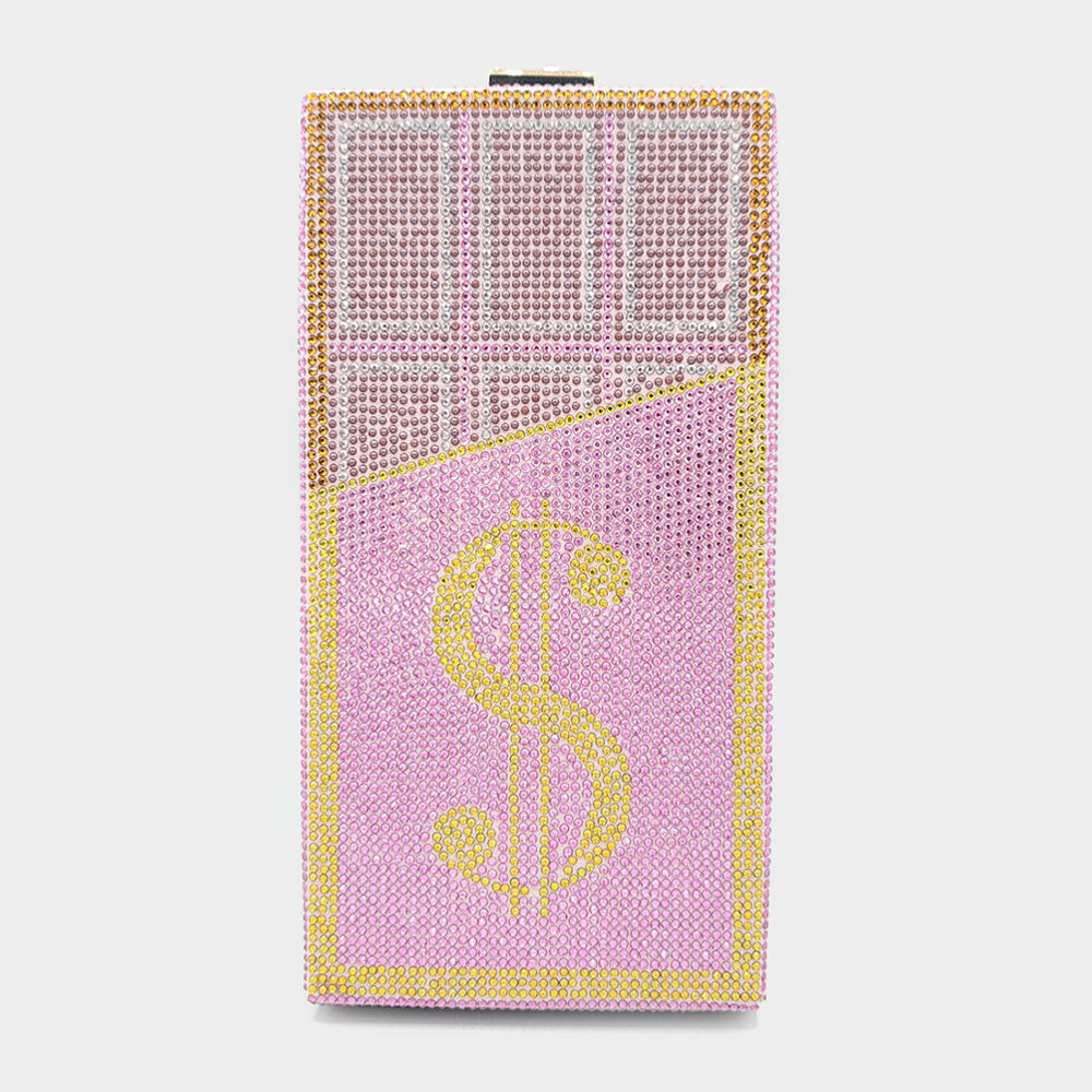 Madeline Love Pink Bling Dollar Sign Chocolate Vertical Clutch Bag - Bags & Wallets
