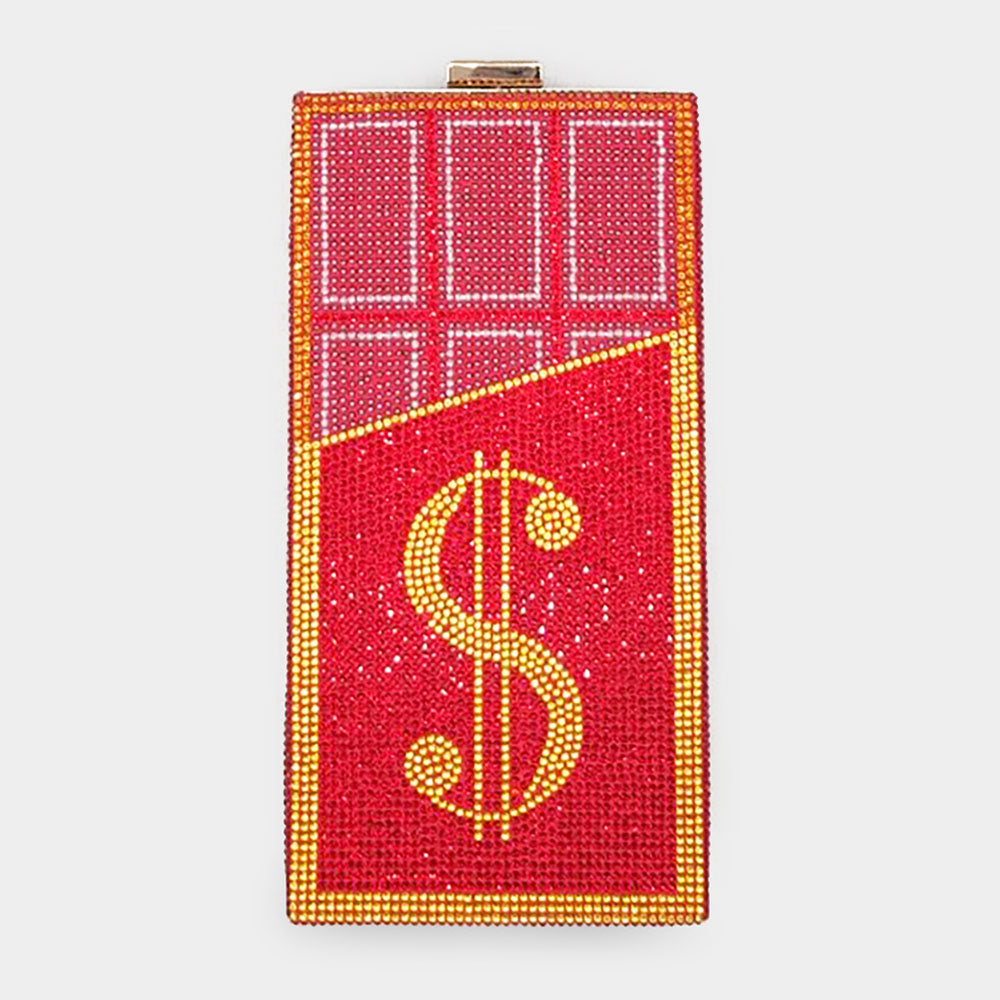 Madeline Love Red Bling Dollar Sign Chocolate Vertical Clutch Bag - Bags & Wallets