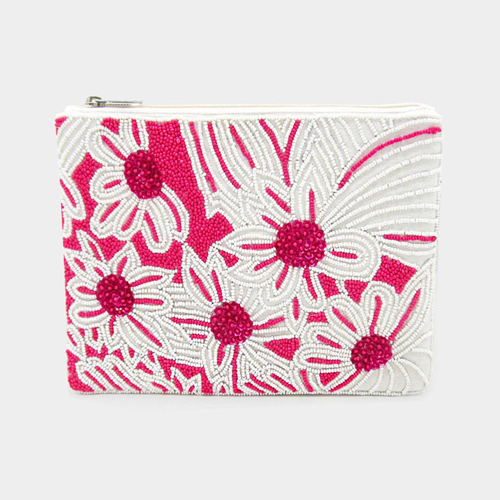 Madeline Love Pink Seed Beaded Flower Clutch / Crossbody Bag - Bags & Wallets