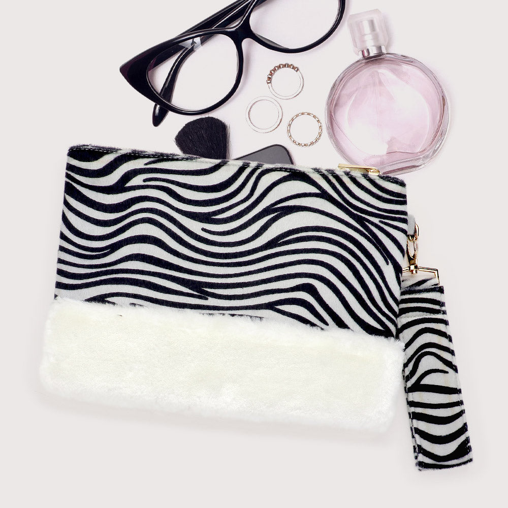 Madeline Love White Zebra Animal Print Fur Clutch Bag - Bags & Wallets