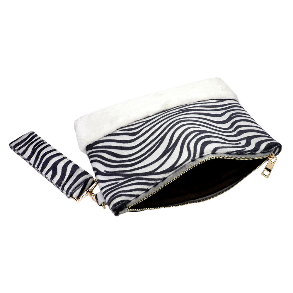 Madeline Love White Zebra Animal Print Fur Clutch Bag - Bags & Wallets - extra