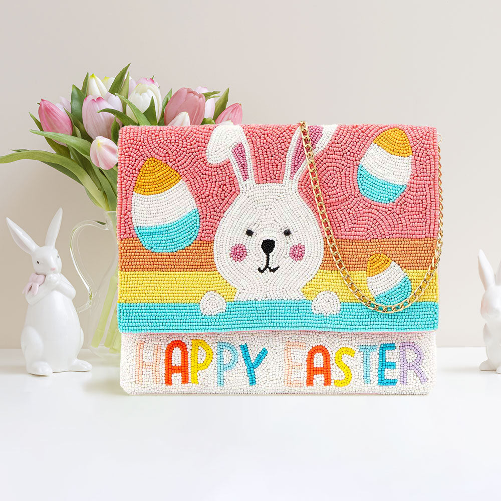 Madeline Love Multi HAPPY EASTER Message Seed Beaded Easter Bunny Clutch / Crossbody Bag - Bags & Wallets
