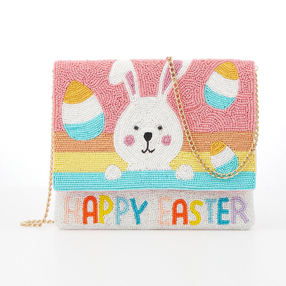 Madeline Love Multi HAPPY EASTER Message Seed Beaded Easter Bunny Clutch / Crossbody Bag - Bags & Wallets - desc