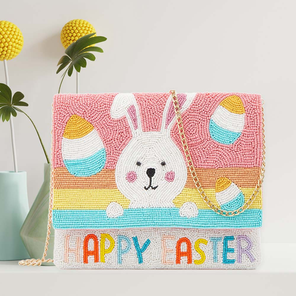 Madeline Love Multi HAPPY EASTER Message Seed Beaded Easter Bunny Clutch / Crossbody Bag - Bags & Wallets - extra
