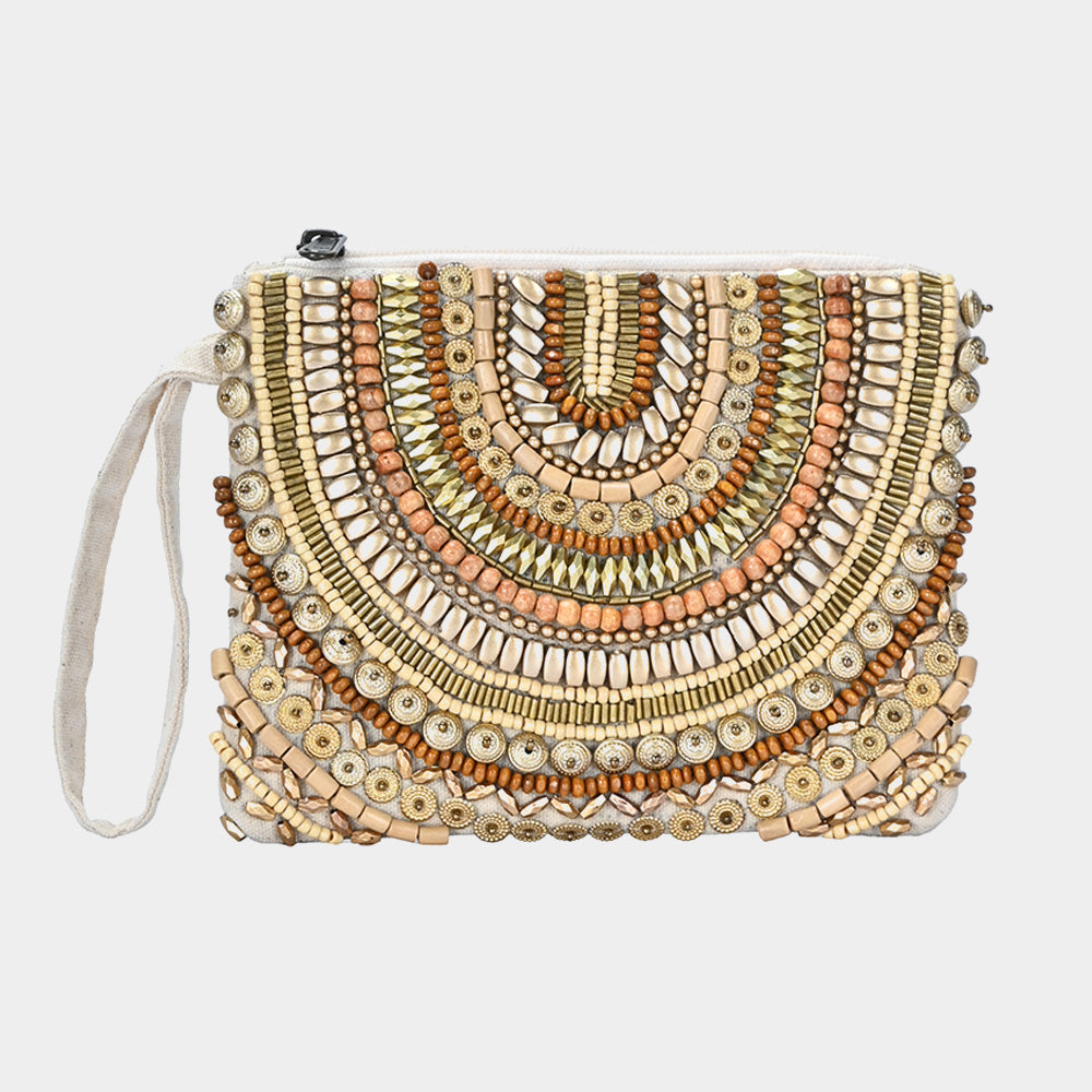 Madeline Love Gold Ethnic Wood Metal Beaded Front Pouch Bag with Wristlet - Bags & Wallets