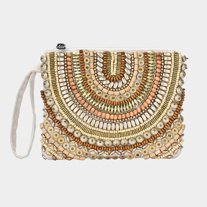 Madeline Love Gold Ethnic Wood Metal Beaded Front Pouch Bag with Wristlet - Bags & Wallets
