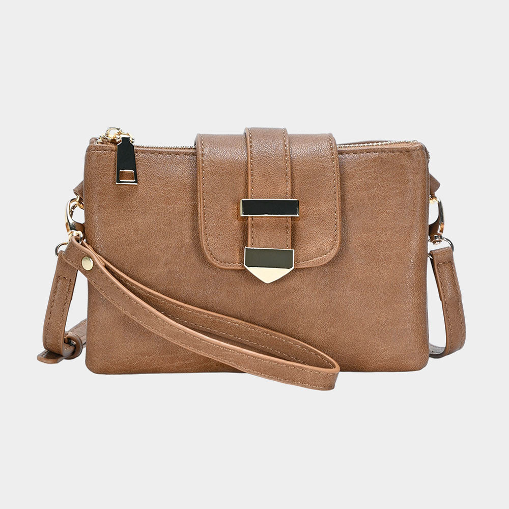 Madeline Love Tan Belt Buckle Pointed Wristlet Clutch / Crossbody Bag - Bags & Wallets