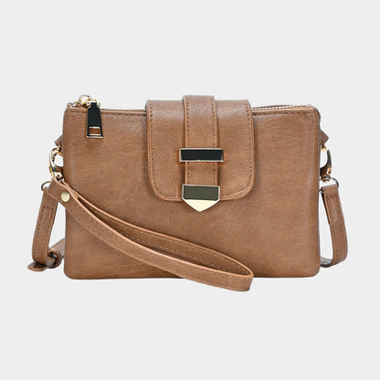 Madeline Love Tan Belt Buckle Pointed Wristlet Clutch / Crossbody Bag - Bags & Wallets
