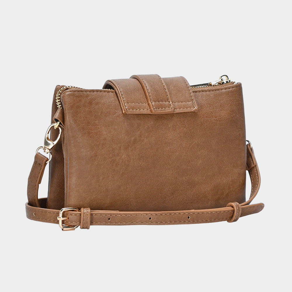 Madeline Love Tan Belt Buckle Pointed Wristlet Clutch / Crossbody Bag - Bags & Wallets - extra